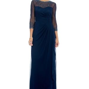 Alex Evenings Long Beaded Illusion Sweetheart Neck 3/4 Sleeve Ruched Dress